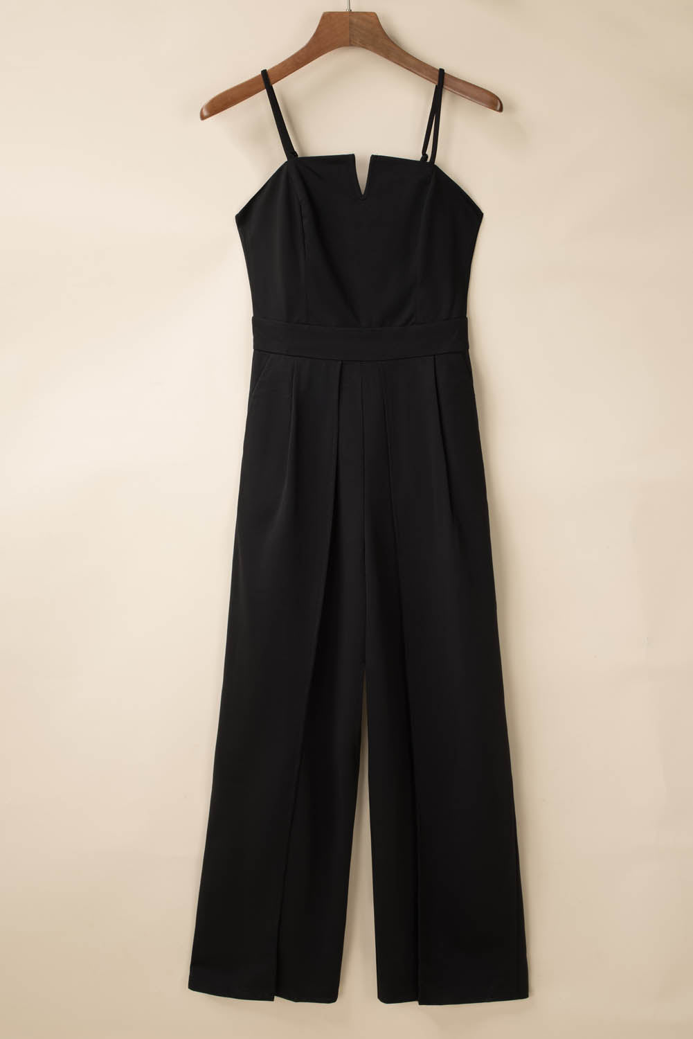 Spaghetti Straps Slit Leg Jumpsuit With Pockets | Black