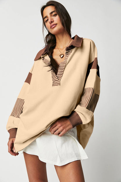 Striped Colourblock Patchwork Collar Sweatshirt | Light French Beige