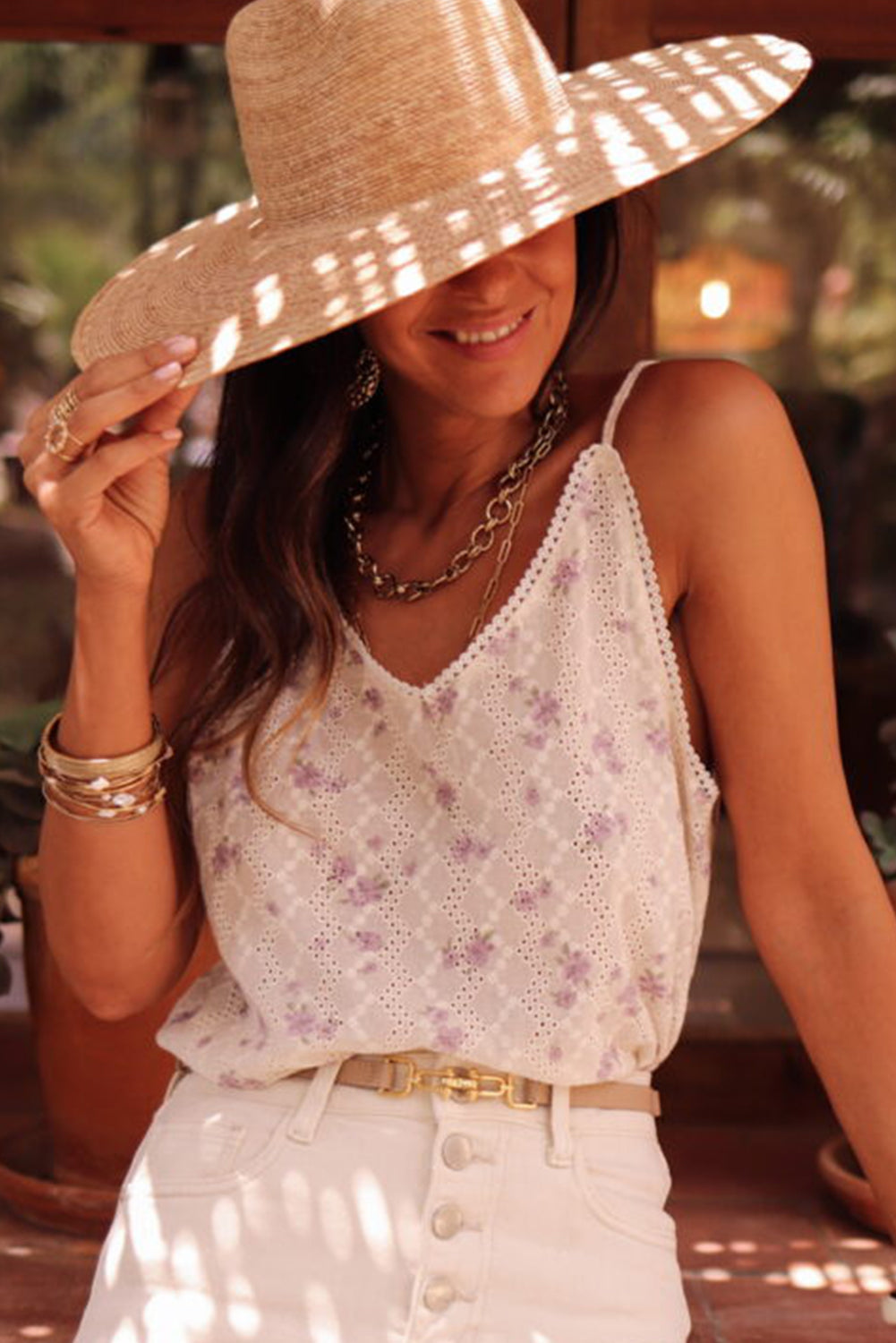 Flower Embroidered Lace Crochet V Neck Tank Top | White