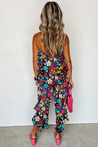 Mix Tropical Print Strapless Ruffled Jumpsuit | Red