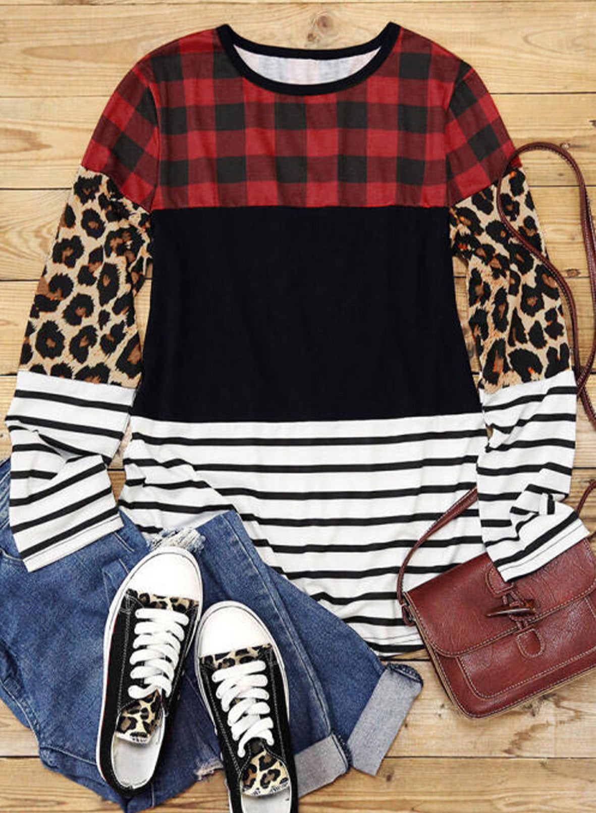 Plaid Print  Splicing Striped Colour Block Long Sleeve Top | Leopard