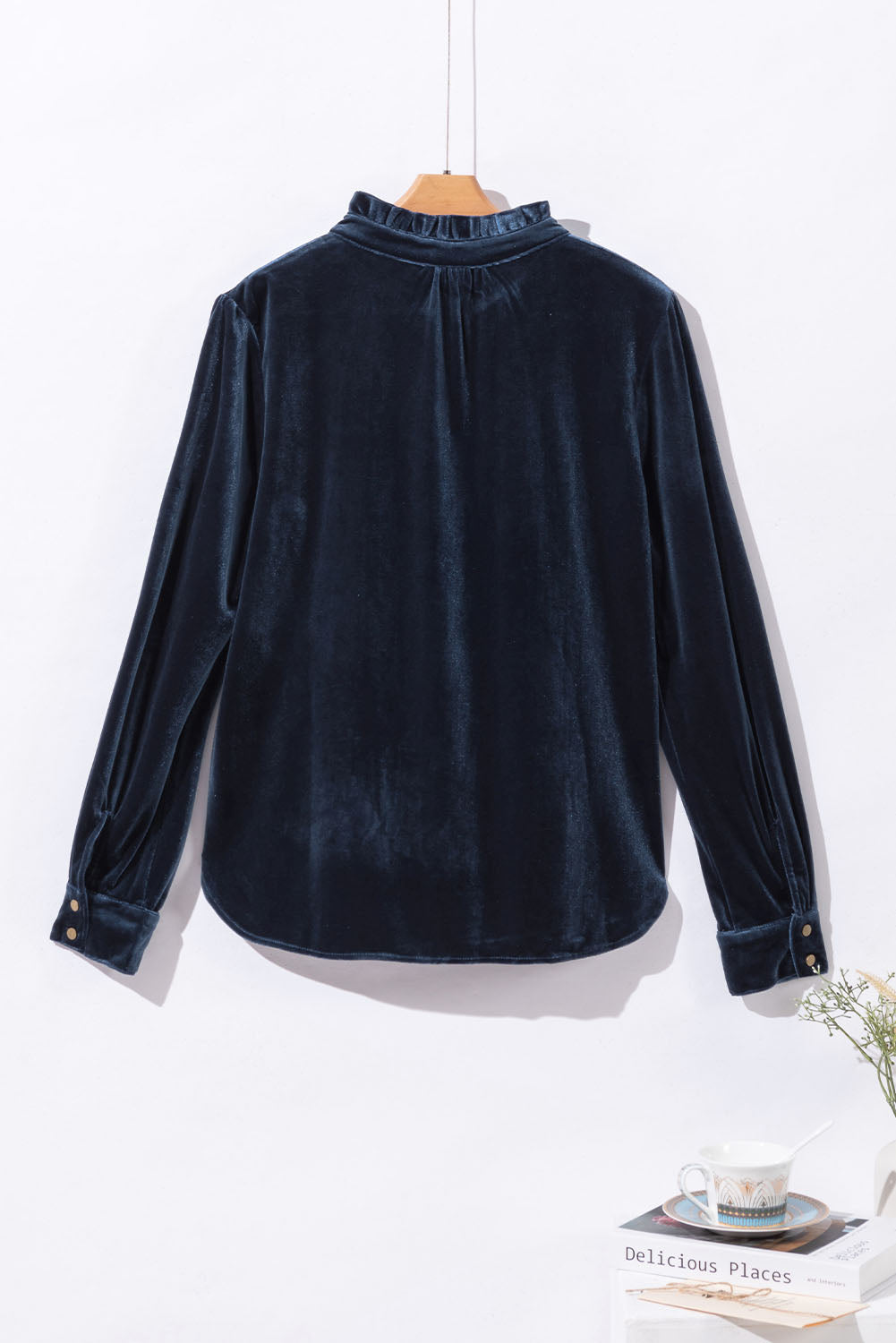 Frilled Neck Buttoned Front Velvet Top | Navy Blue