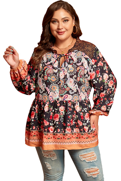 Plus Size Paisley Floral Print V Neck Bubble Sleeve Blouse | Black