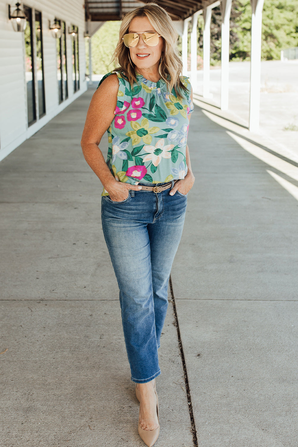 Floral Print Ruffle Trim Tank Top | Green