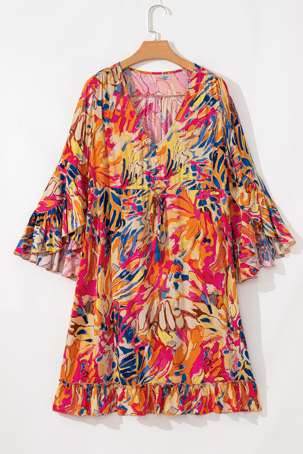 Plant Print Flared Sleeve Ruffled Hem Tunic High Waist Flowy Dress | Pink