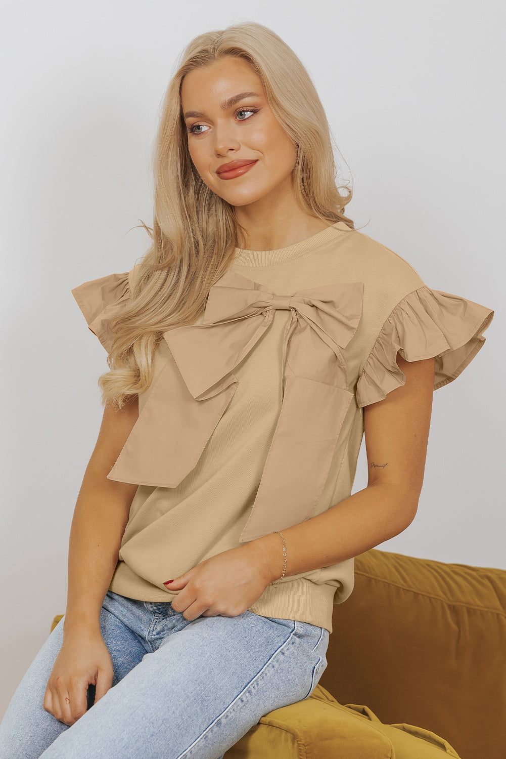 Two Tones Ribbon Bow Ruffle Sleeve Top | Parchment