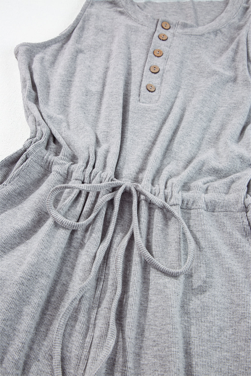 Ribbed Knit Buttons Drawstring Sleeveless Jumpsuit | Gray