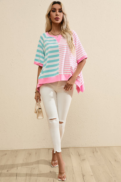 Contrast Patchwork Oversized T Shirt | Pink Stripe