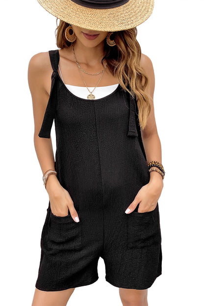 Adjustable Straps Pocketed Textured Romper | Black