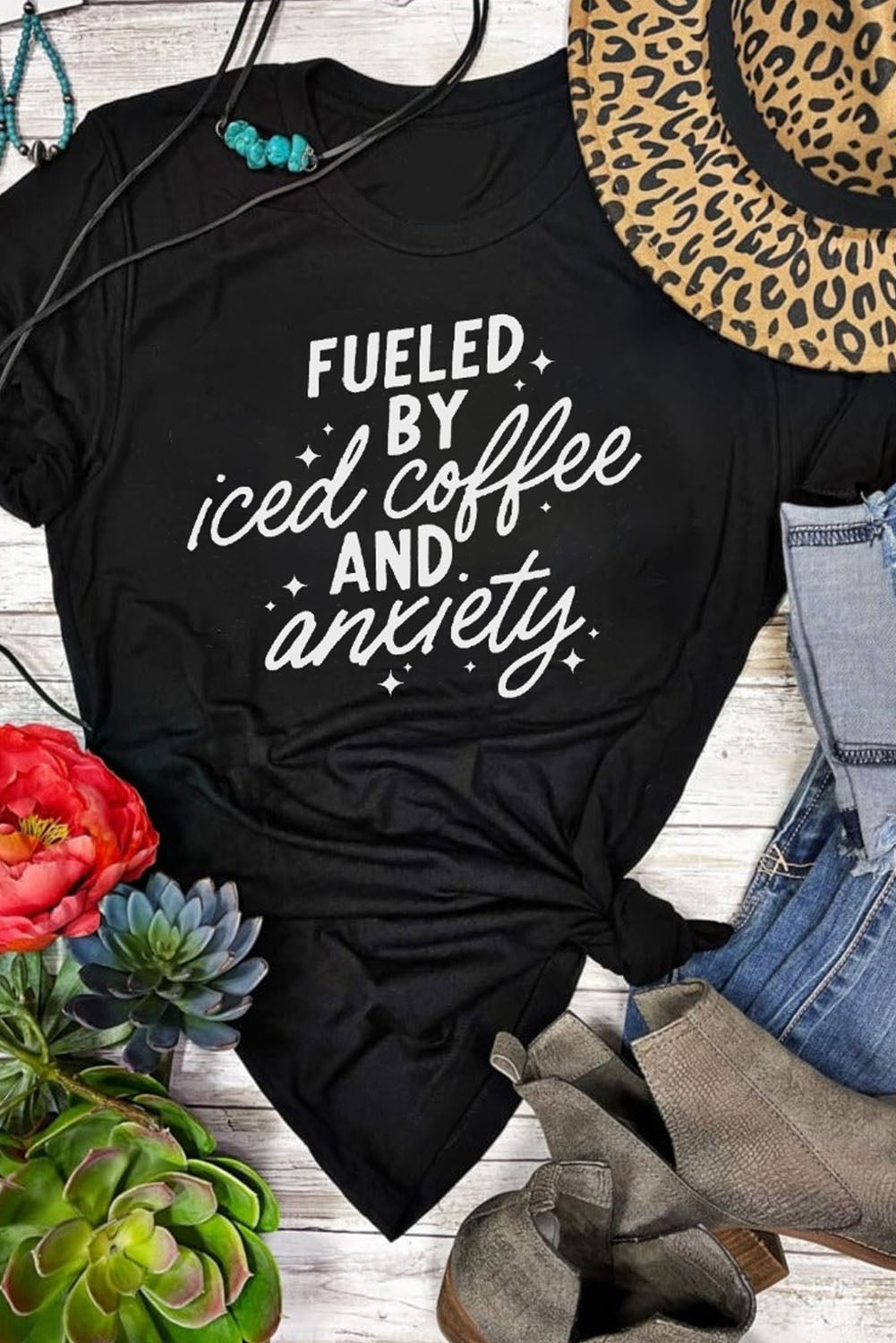 Black FUELED BY iced coffee AND anxiety Graphic Tee