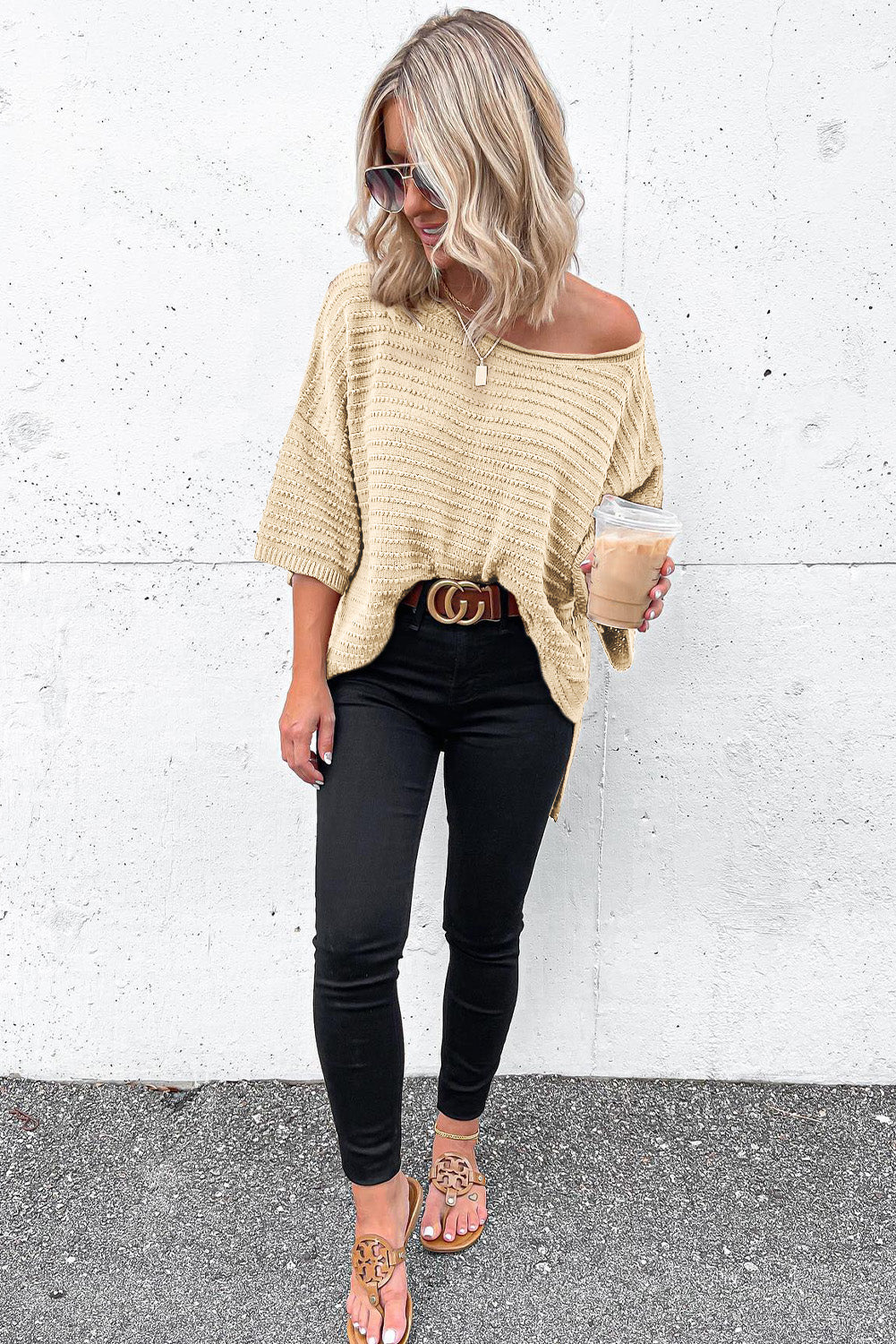 Textured Knit Drop Shoulder Tee | Apricot