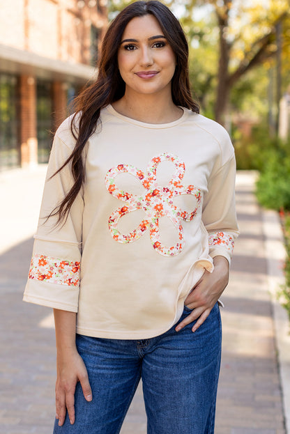 Flower Patch Graphic Exposed Seam Wide Sleeve Top | Beige