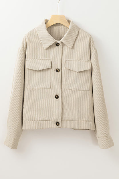 Flap Pockets Buttoned Turn Down Collar Corduroy Shacket | Beige