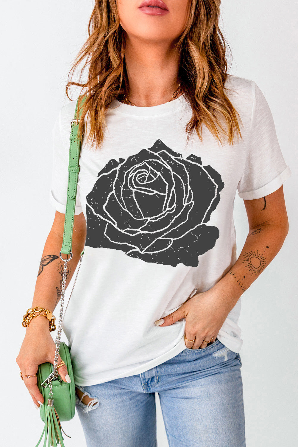 Large Rose Print Round Neck T Shirt | White