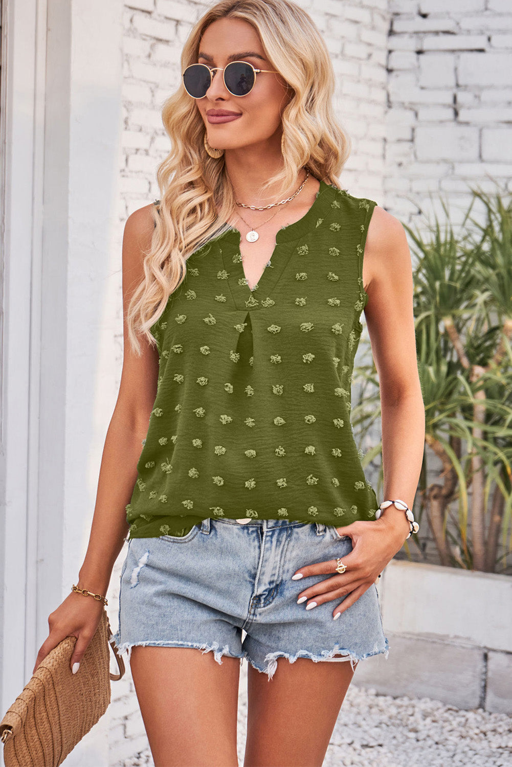 Swiss Dot Notched V Neck Tank Top | Green