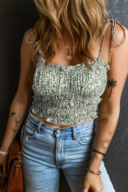 Floral Print Tie Spaghetti Straps Cropped Tank Top | Green