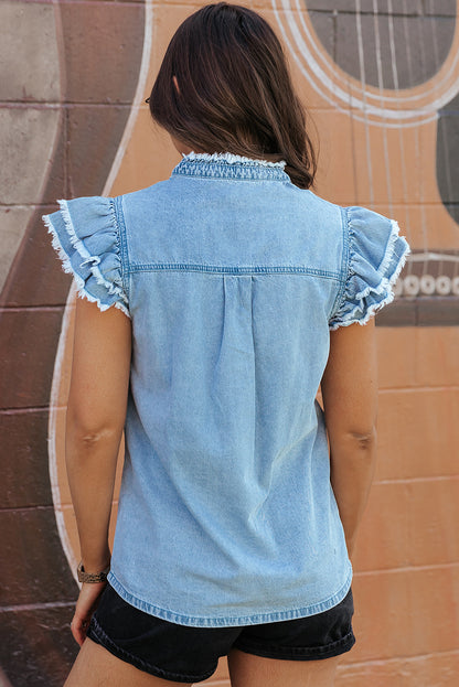 Button Front Ruffled Flutter Frayed Denim Top | Beau Blue