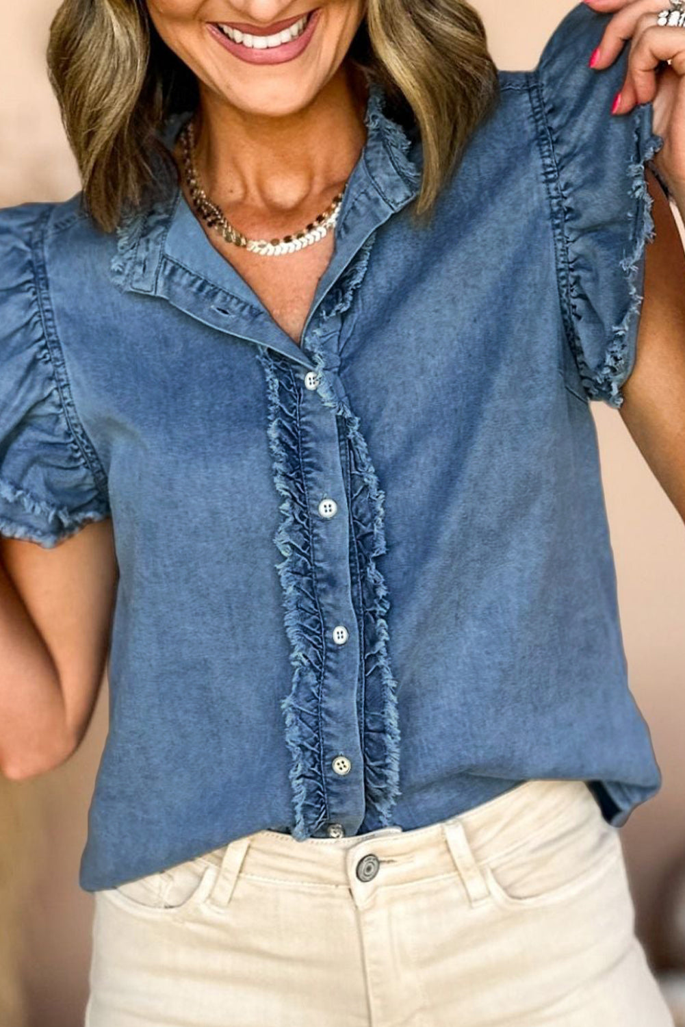 Ashleigh Blue Button Front Ruffled Flutter Frayed Denim Top