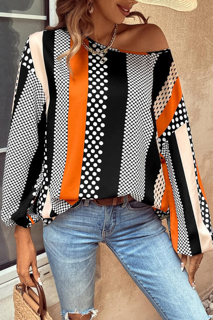 Polka Dot Vertical Striped Printed Puff Sleeve Blouse | Orange