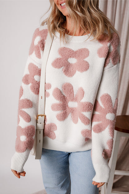 Textured Flower Drop Shoulder Loose Sweater | White