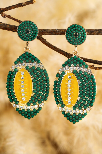 Beaded Rhinestone Rugby Football Drop Earrings | Dark Green