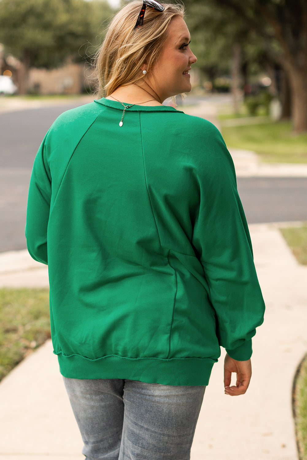 Exposed Seam Notched Neck Drop Shoulder Plus Sweatshirt | Bright Green