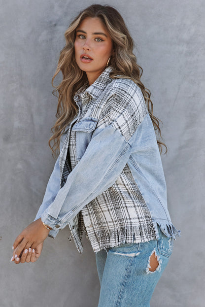 Plaid Patchwork Fringed Flap Pockets Denim Jacket | Sky Blue