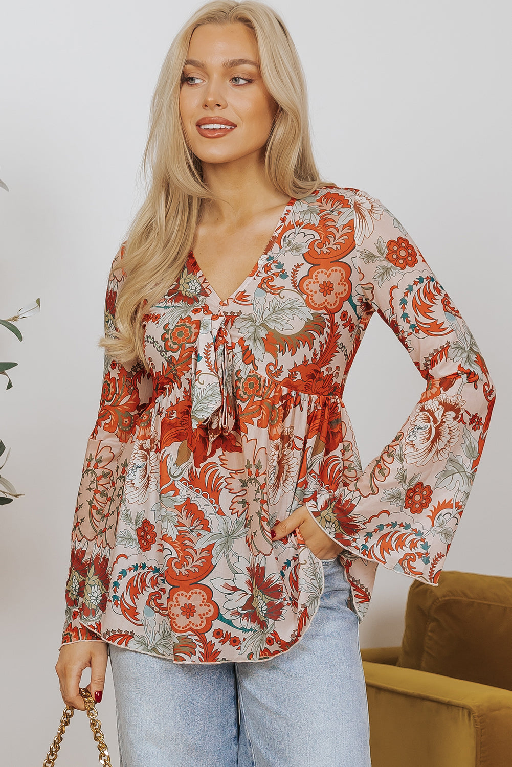 Floral Print Deep V Neck Knot Bell Sleeve Blouse | Orange