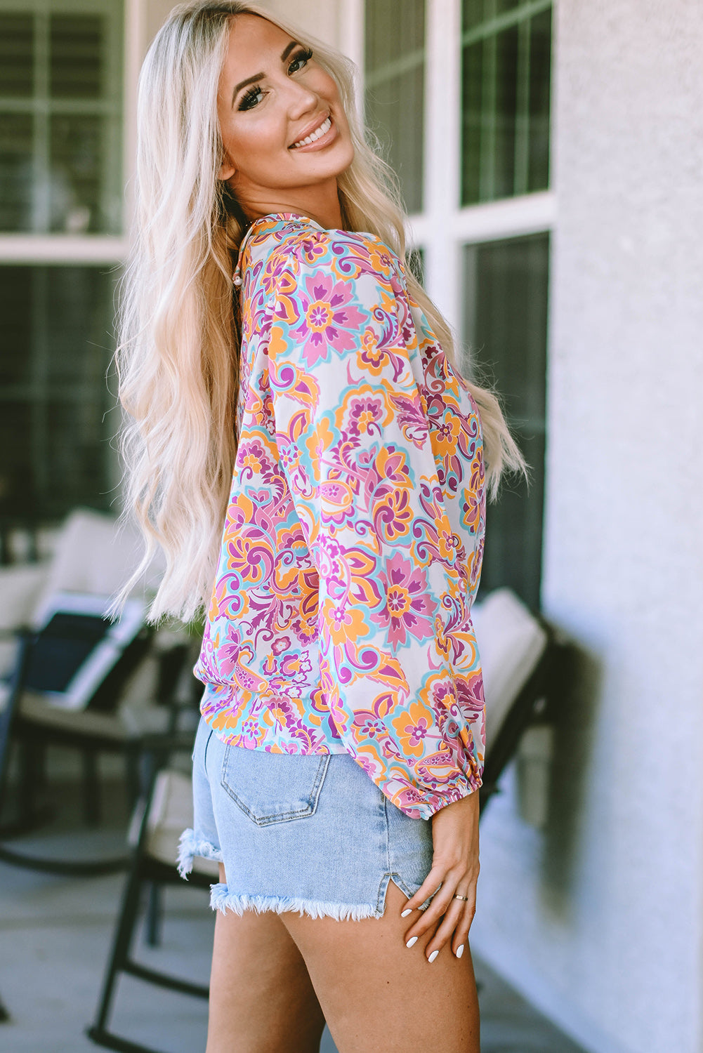 Boho Paisley Printed Peasant Sleeve Blouse | Purple