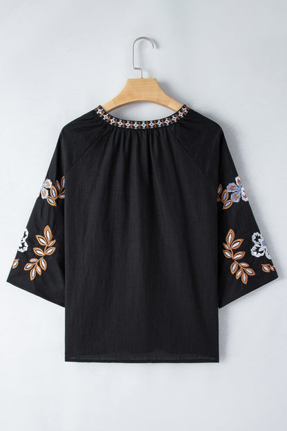 Bohemian Floral Embroidered V Neck Blouse | Black