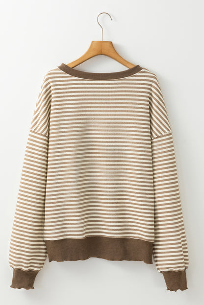 Loose Drop Shoulder Long Sleeve Top | Brown Stripe