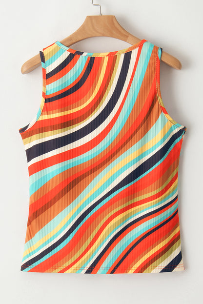 Wavy Striped Buttoned V Neck Tank Top | Multicolour