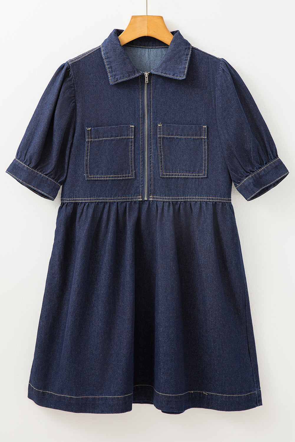 Dirty Blue Zipped Up Bodice Collared Short Puff Sleeve Denim Dress | Dirty blue