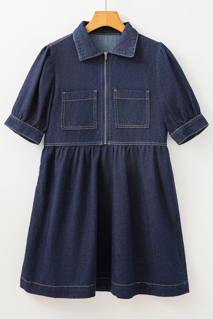 Dirty Blue Zipped Up Bodice Collared Short Puff Sleeve Denim Dress | Dirty blue