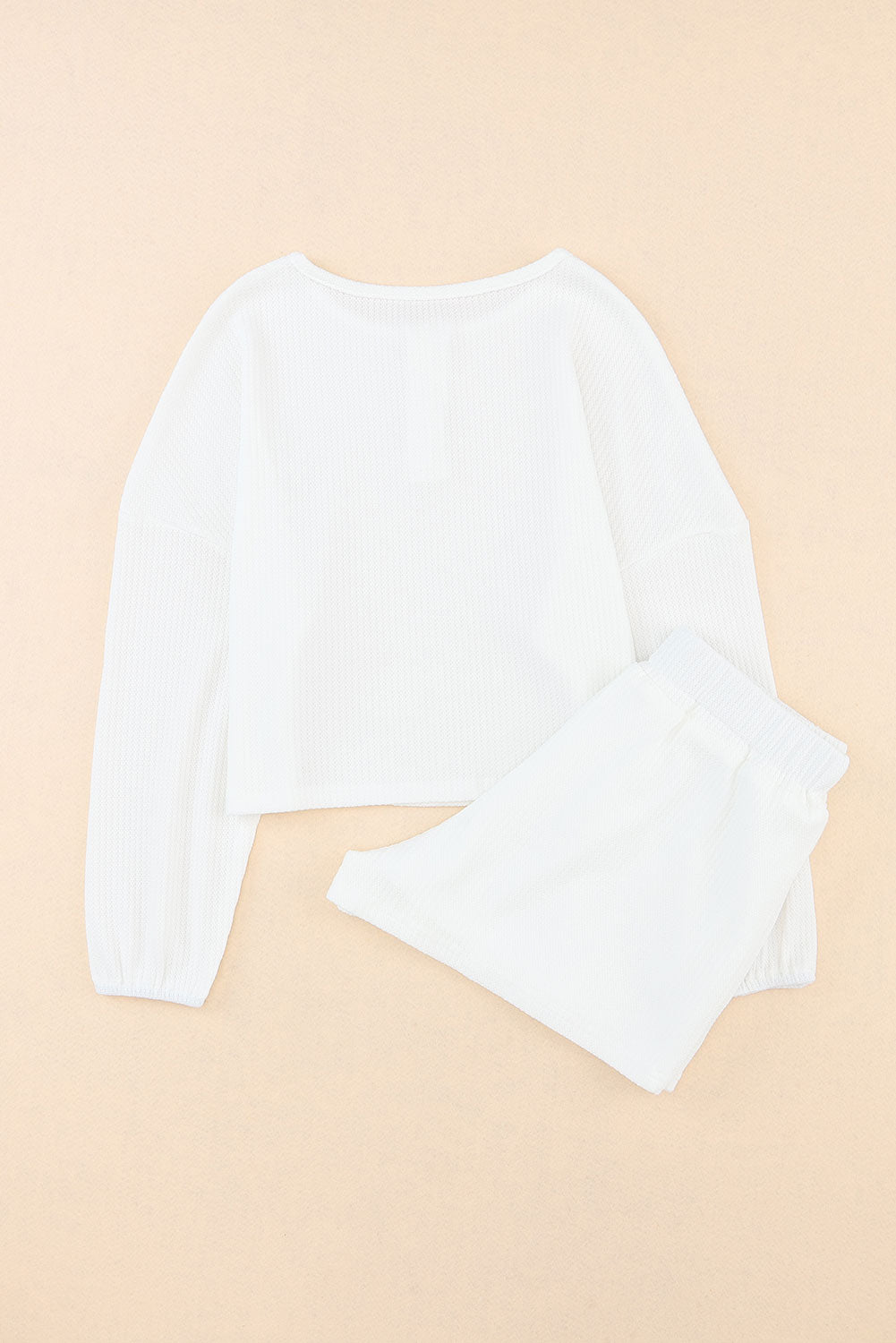 Waffle Knit Buttoned Long Sleeve Crop And Shorts Lounge Set | White