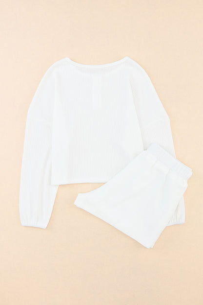 Waffle Knit Buttoned Long Sleeve Crop And Shorts Lounge Set | White