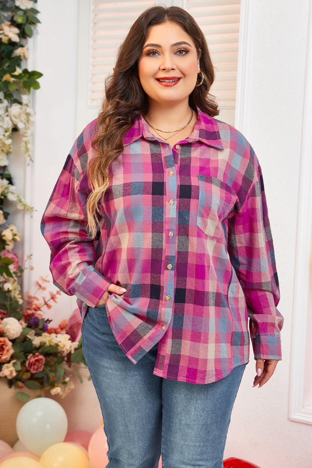 Plus Size Checkered Print Button Up Shirt | Rose Stripe