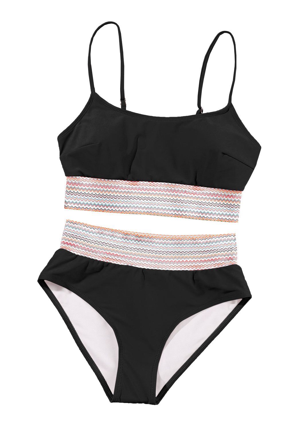 Striped Patchwork Spaghetti Strap High Waist Bikini Swimsuit | Black