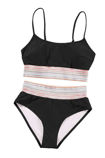 Striped Patchwork Spaghetti Strap High Waist Bikini Swimsuit | Black