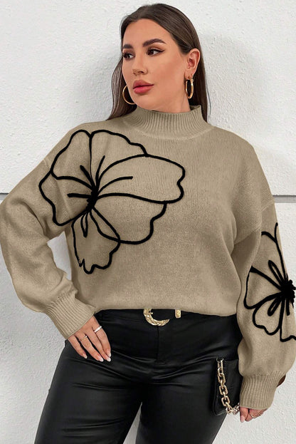 Plus Size Big Flower Pattern High Neck Drop Shoulder Sweater | Dark Khaki