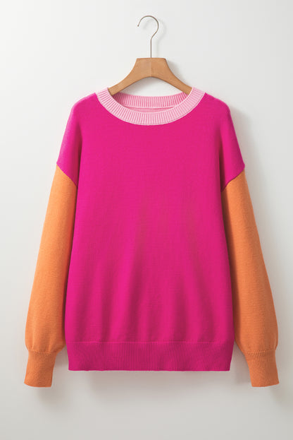 Three Tone Contrast Round Neck Loose Sweater | Bonbon