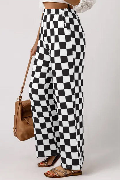 2-Tone Checked Print High Waist Wide Leg Pants | Black