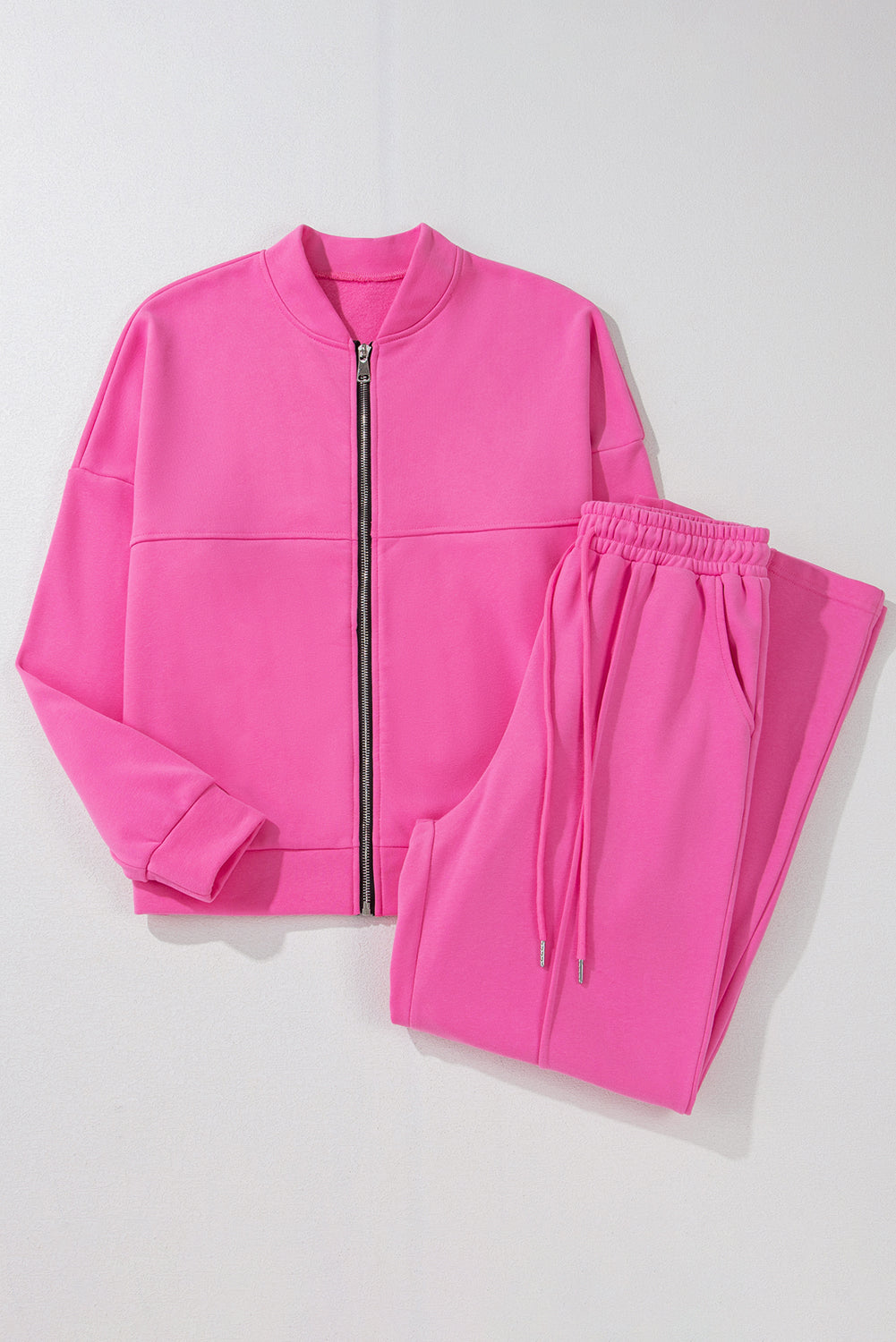 Solid Seamed Zipper Jacket And Drawstring Waist Pants Set | Bright Pink