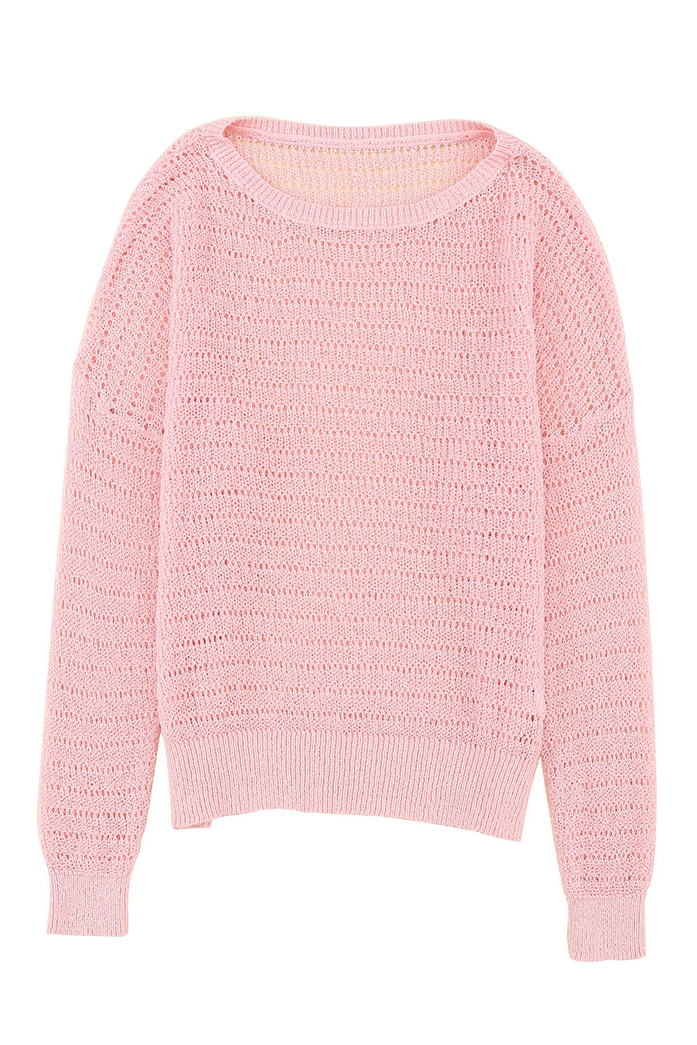 Knitted Eyelets Round Neck Long Sleeve Top | Pink