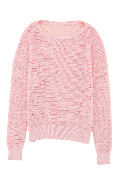 Knitted Eyelets Round Neck Long Sleeve Top | Pink