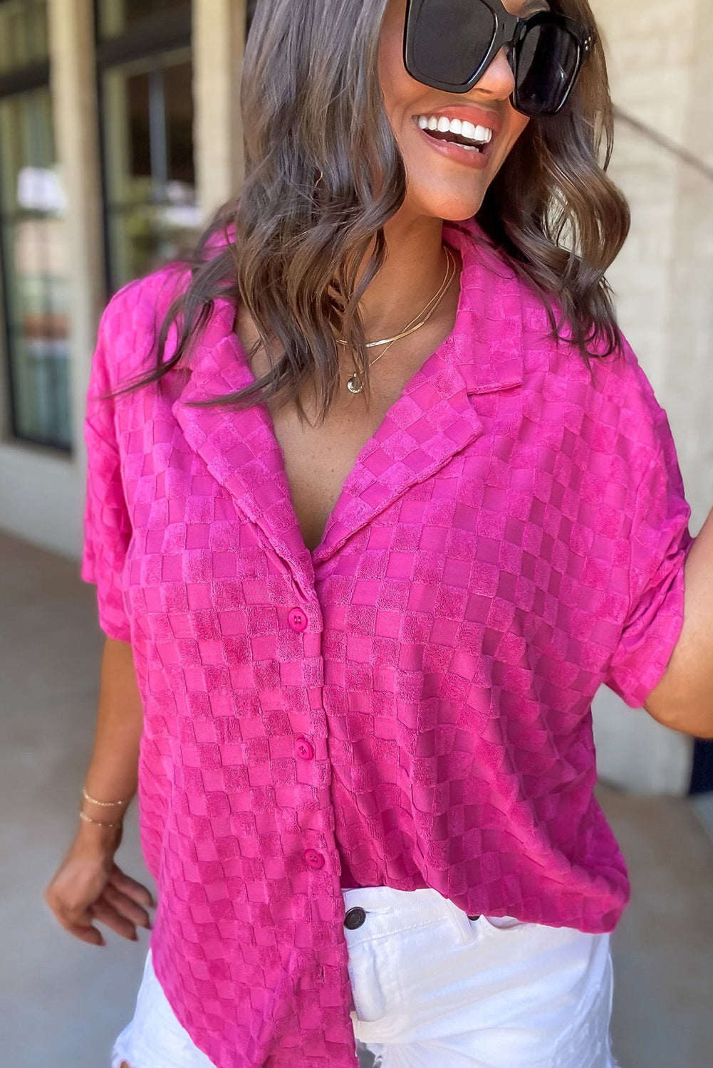 Lapel Neck Checkered Textured Short Sleeve Shirt | Bright Pink