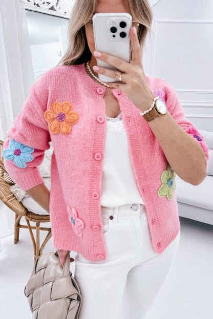 Cute Knitted Floral Pattern Button Up Cardigan | Pink