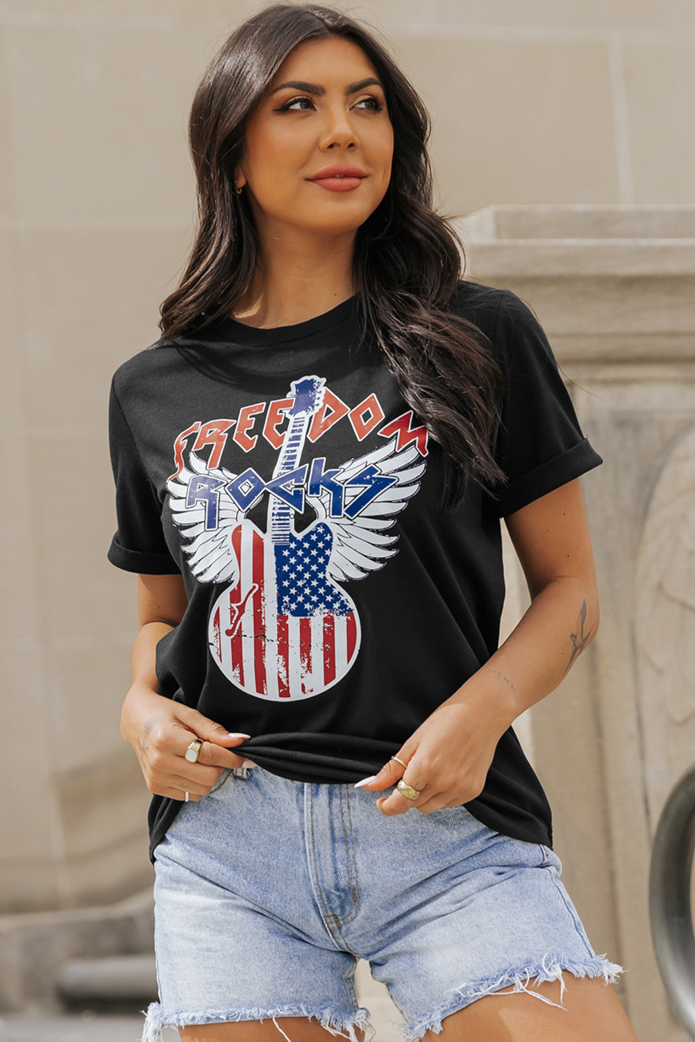 American Flag Guitar Print Crew Neck Tee | Black