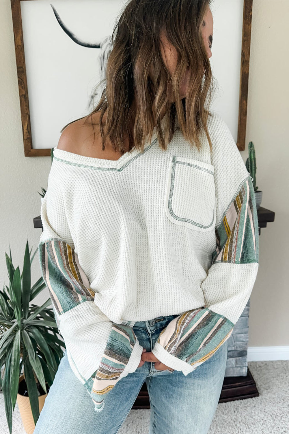 Striped Patchwork Exposed Seam Waffle Knit Top | White