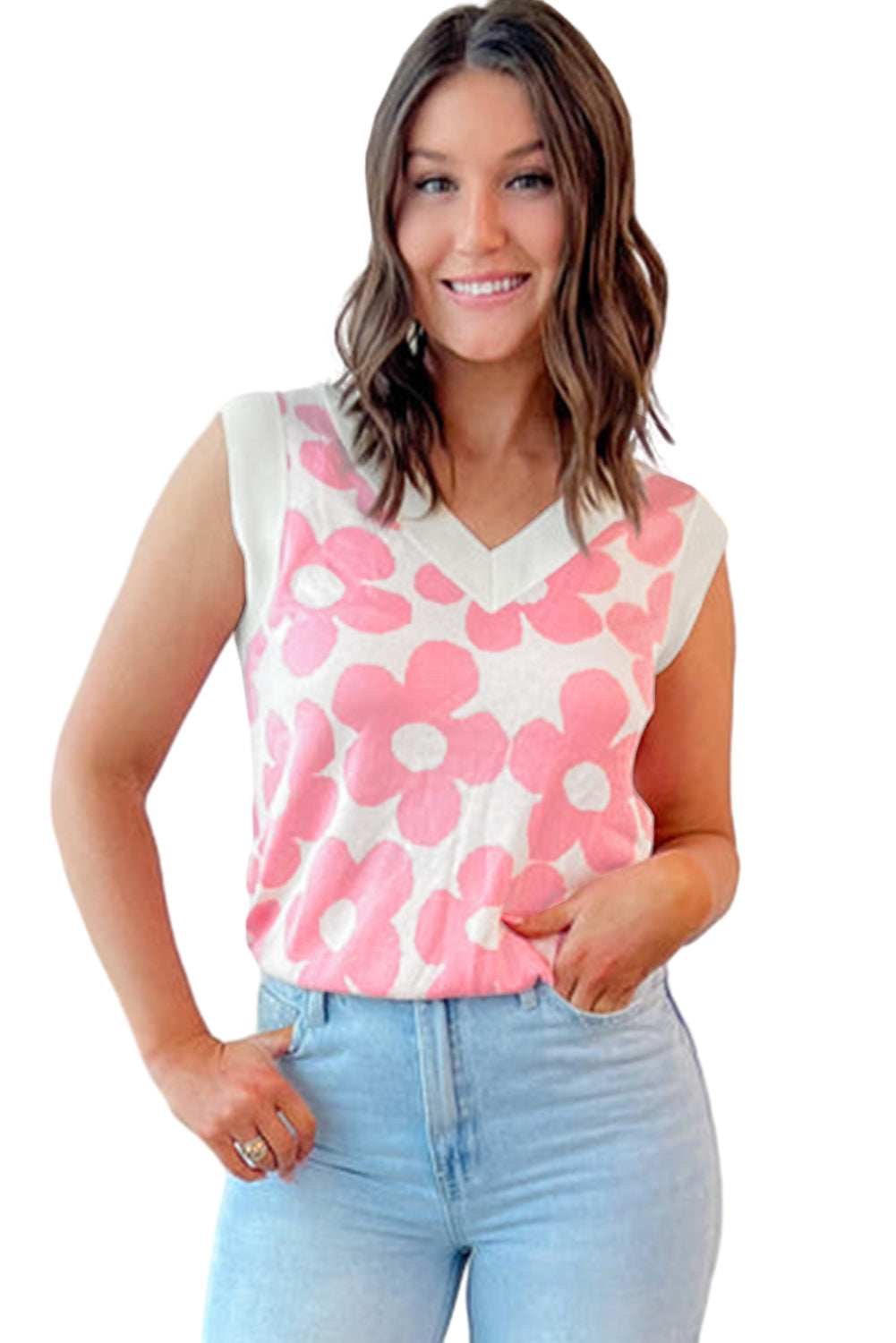 Cute Flower Knitted V Neck Tank Top | Pink